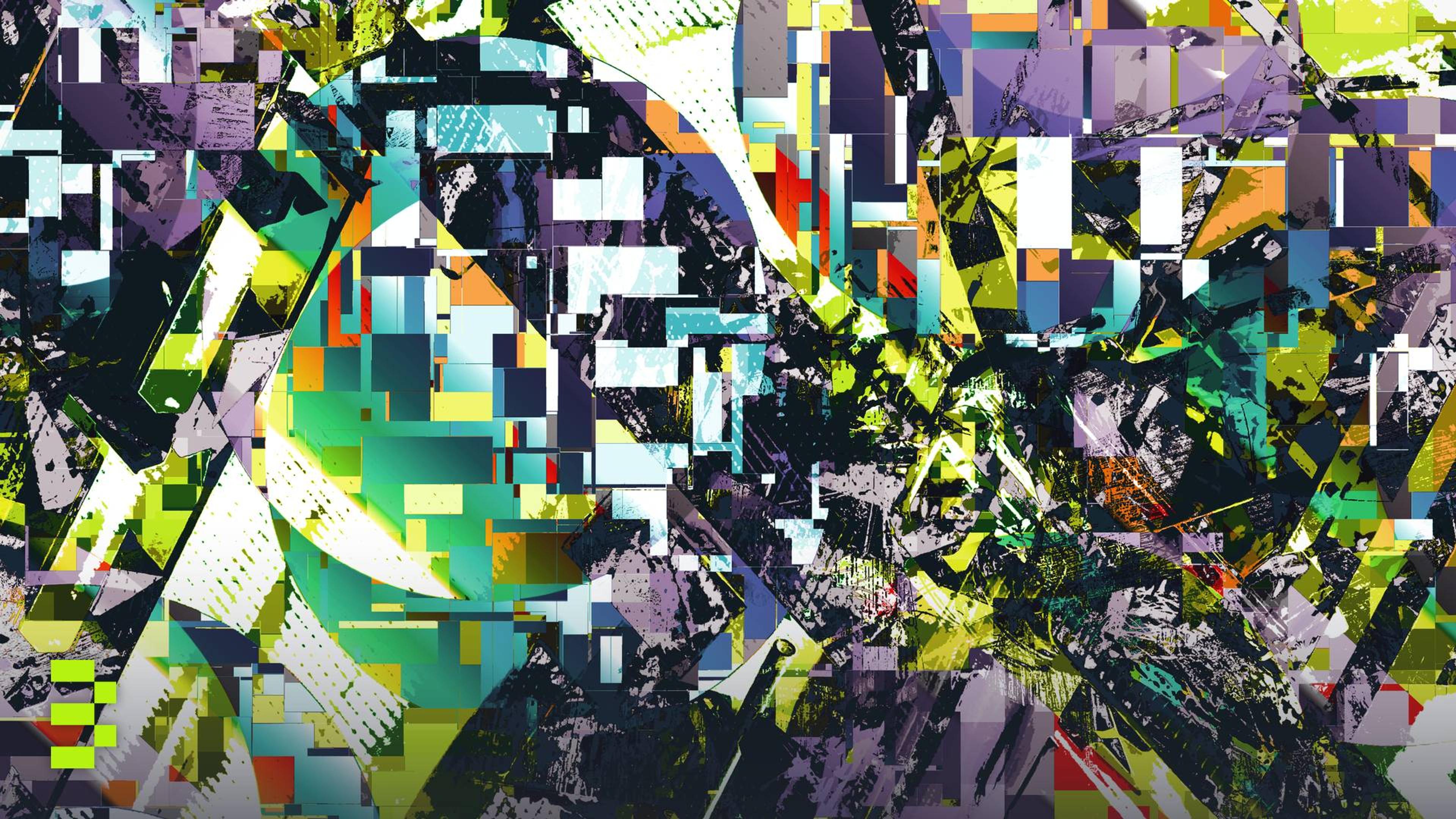 Dynamic abstract artwork featuring colorful geometric shapes and vibrant patterns.