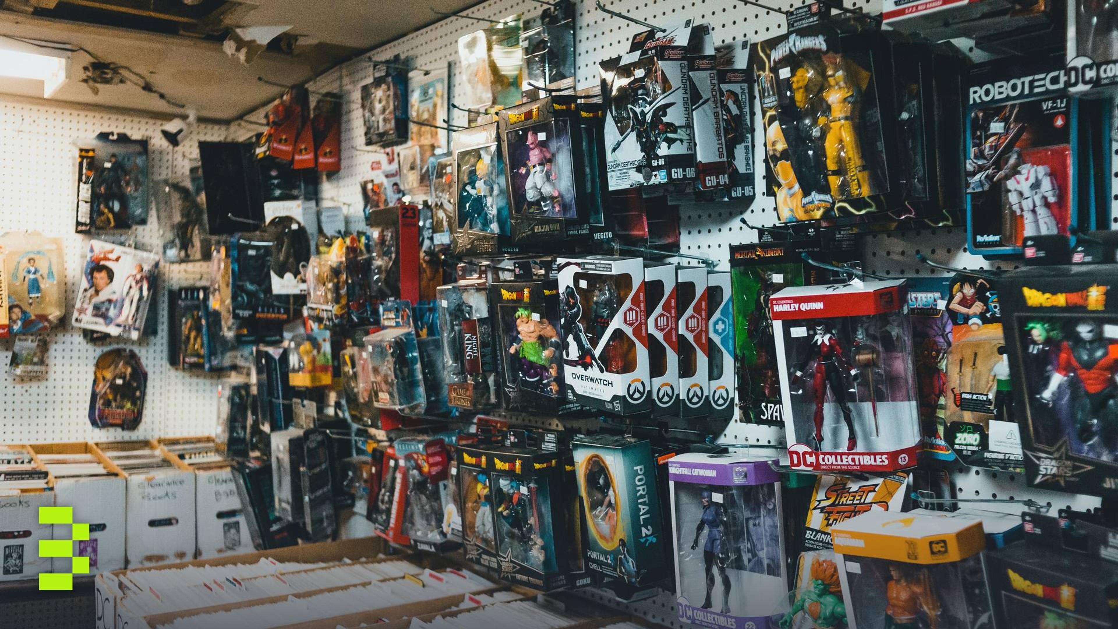Shelves packed with collectible action figures in a toy store.