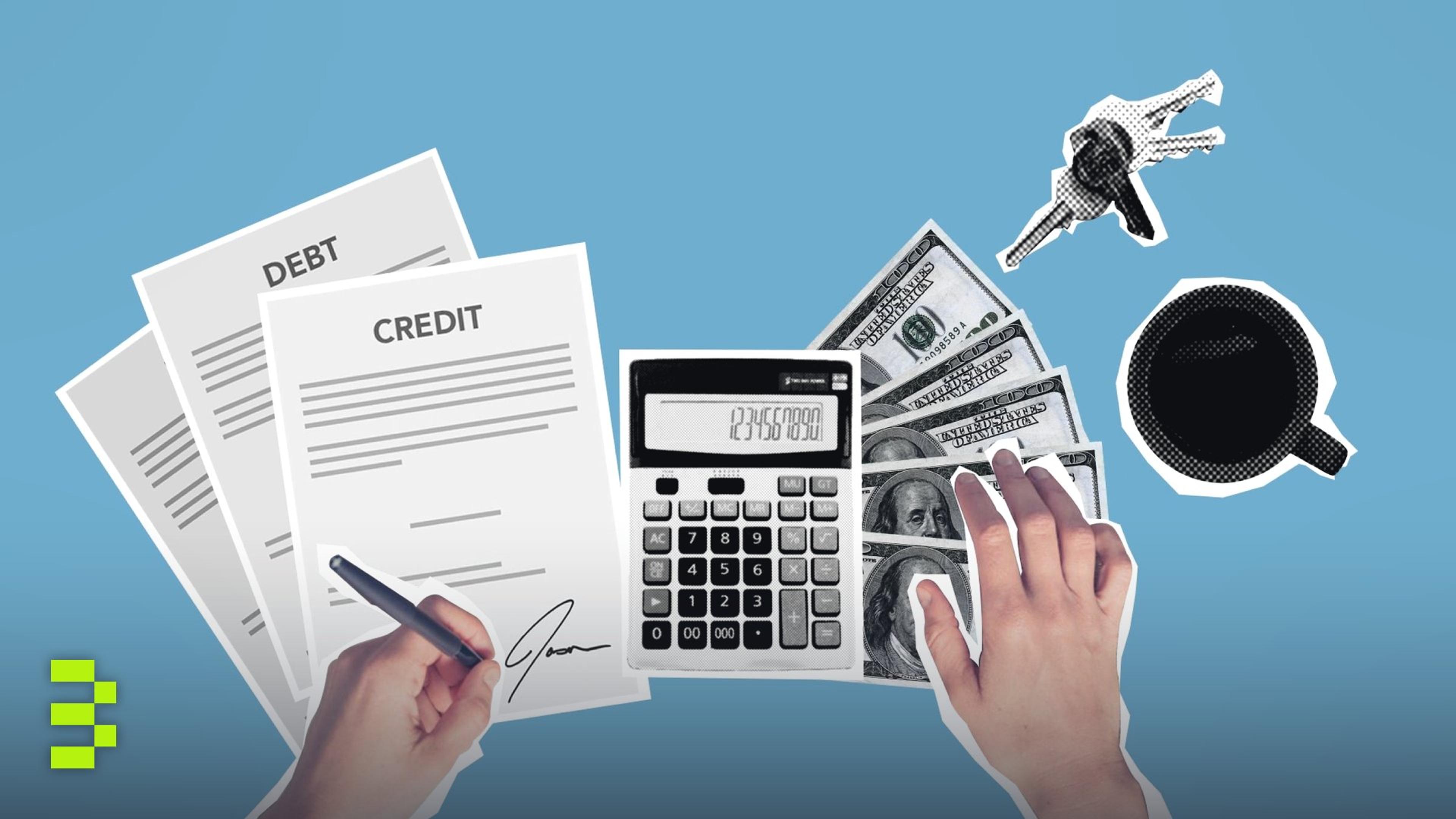 Overhead view of financial planning with debt and credit documents, calculator, and cash on blue background.