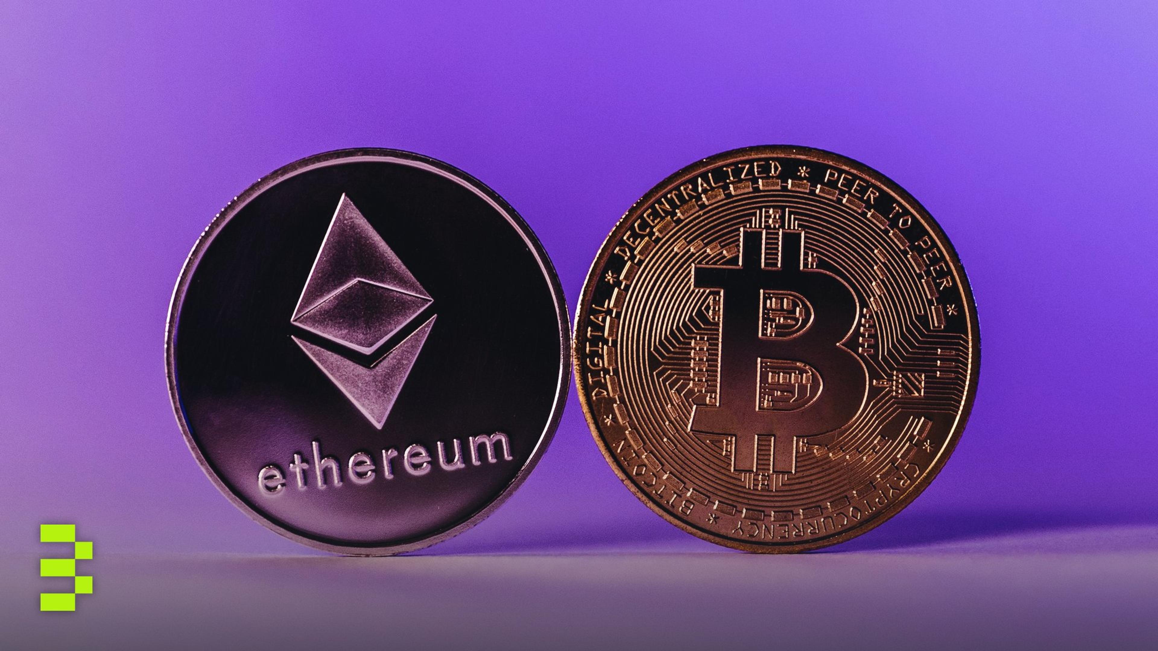 Close-up of Ethereum and Bitcoin coins.