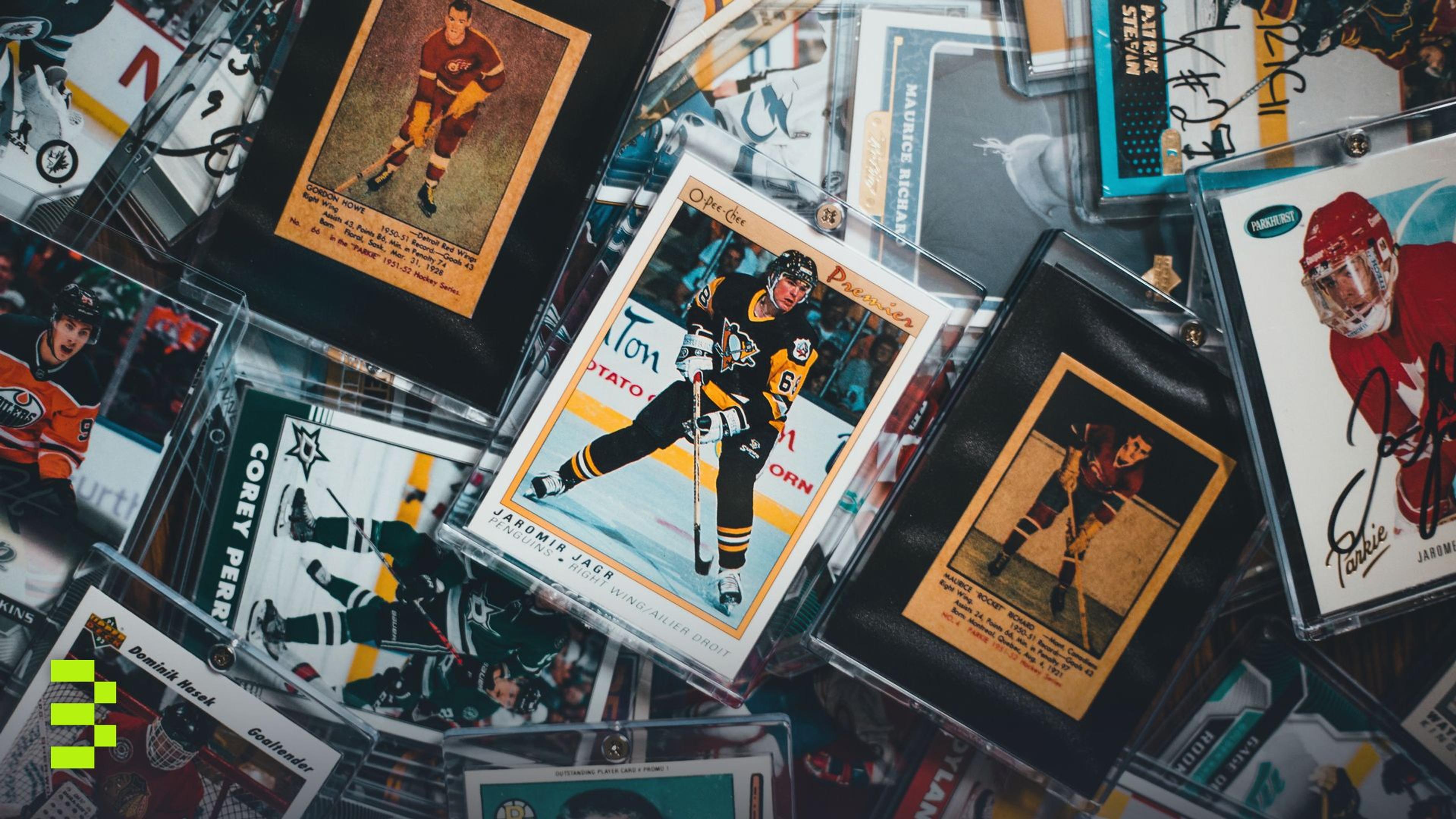 A close-up view of assorted vintage and modern hockey trading cards.