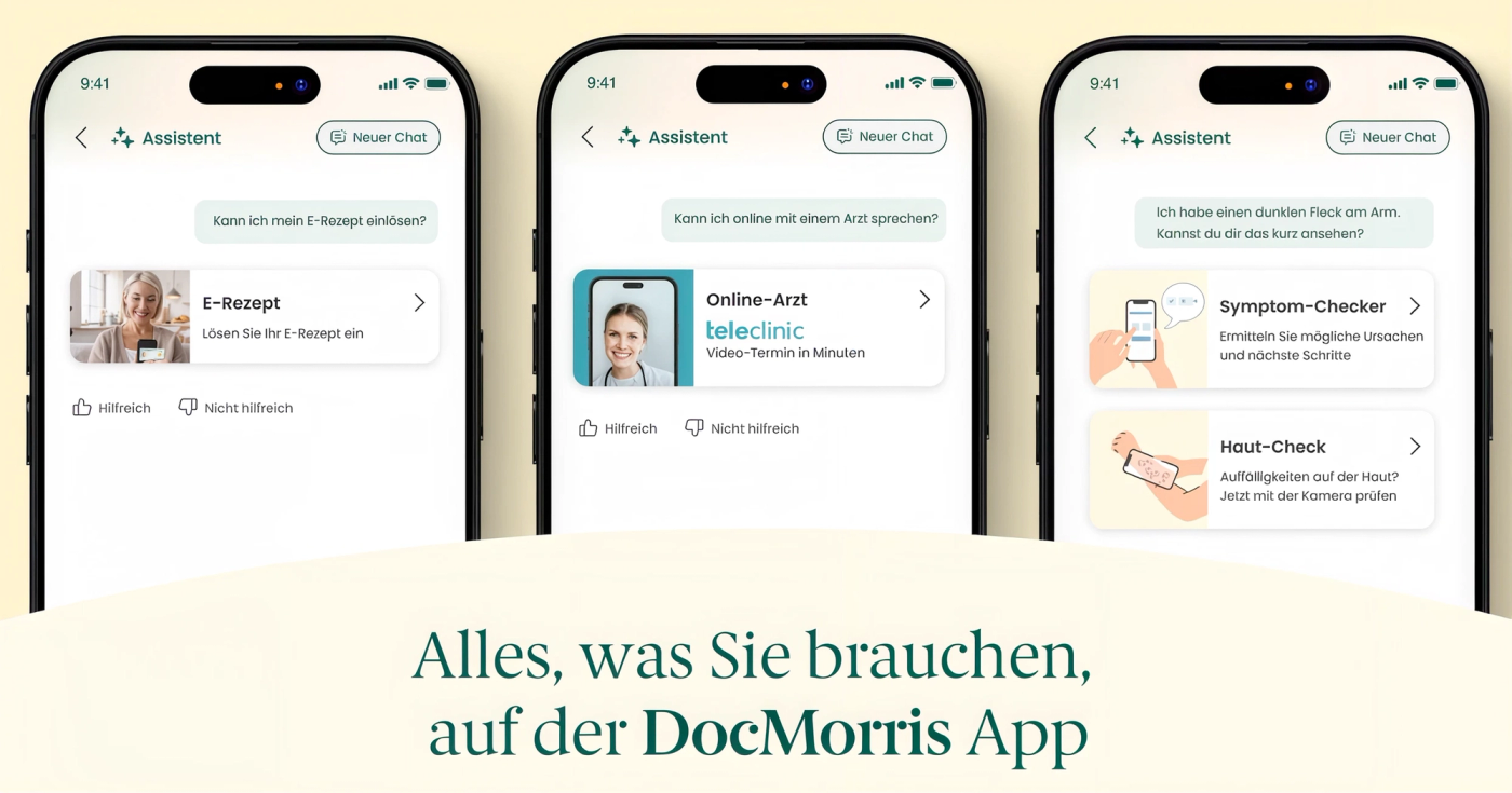 Trzy ekrany aplikacji DocMorris z asystentem AI kierującym użytkownika do realizacji e-recepty, konsultacji z lekarzem online oraz narzędzi do oceny objawów i zmian skórnych.