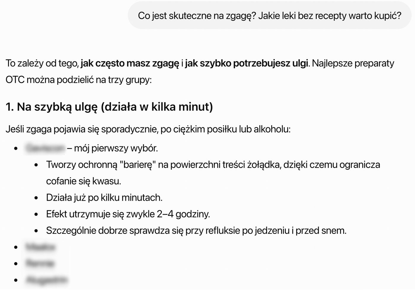 Zrzut odpowiedzi AI na pytanie o leki bez recepty na zgagę, z opisem preparatów zapewniających szybką ulgę