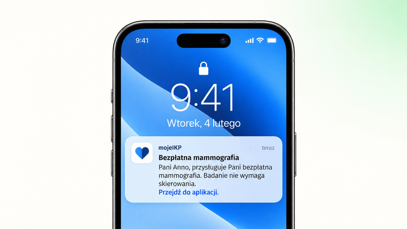 Powiadomienie push z aplikacji mojeIKP na ekranie iPhone’a informujące o bezpłatnej mammografii bez skierowania i zachęcające do przejścia do aplikacji.