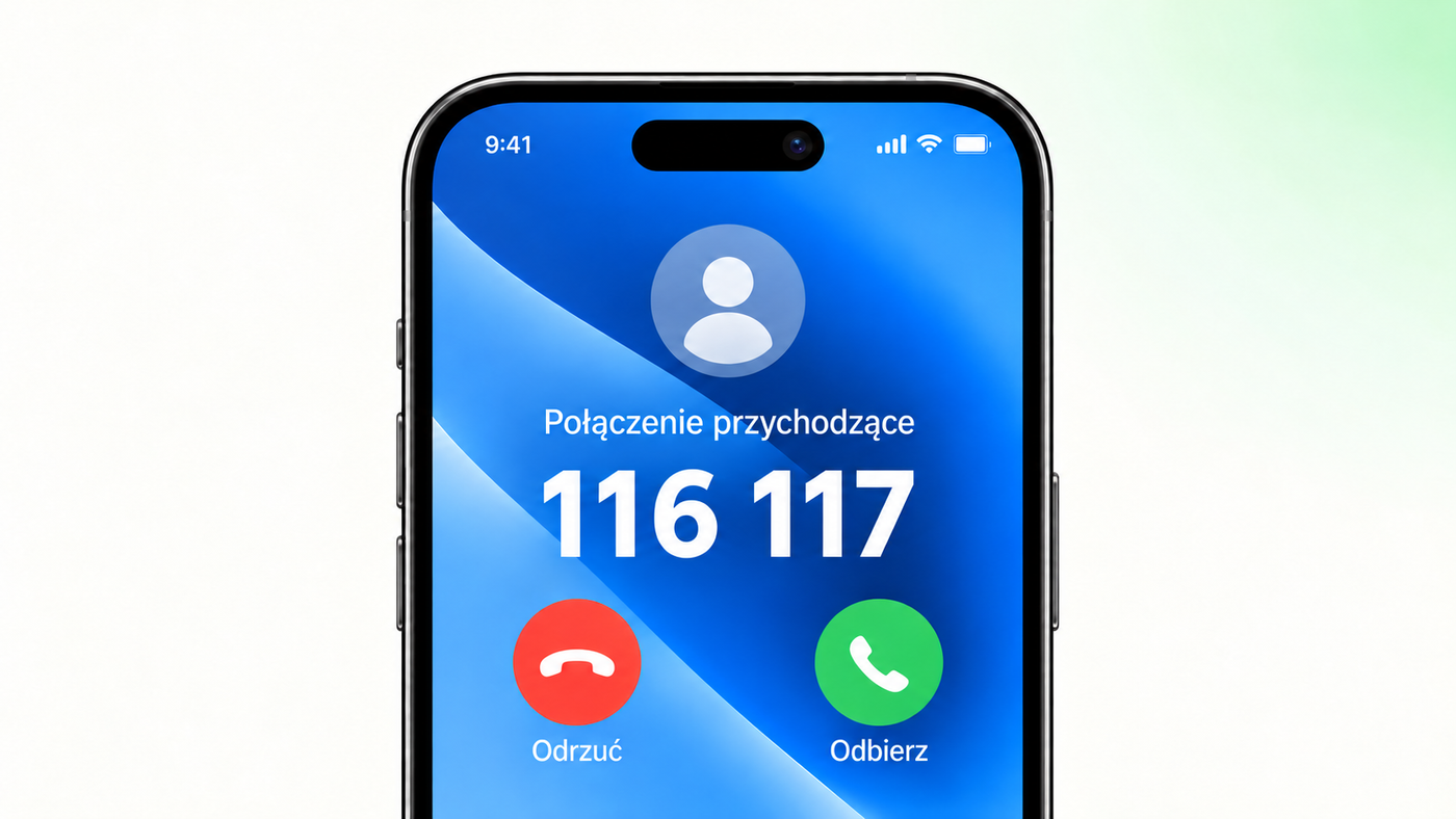 Wizualizacja smartfona z połączeniem przychodzącym z numeru 116 117 oraz przyciskami „Odrzuć” i „Odbierz”.