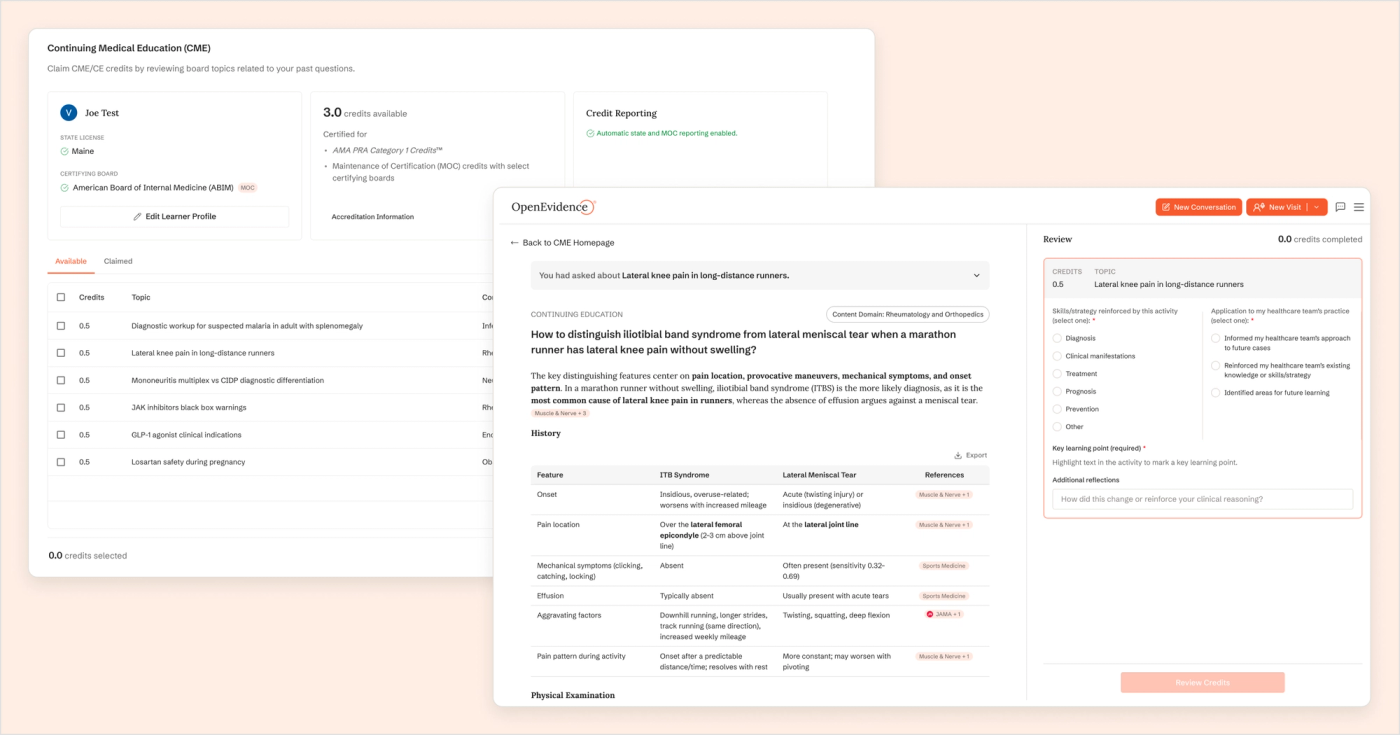 Ekrany OpenEvidence pokazujące program Continuing Medical Education (CME), listę tematów wygenerowanych na podstawie wcześniejszych pytań lekarza oraz moduł zdobywania punktów edukacyjnych za analizę przypadku klinicznego.