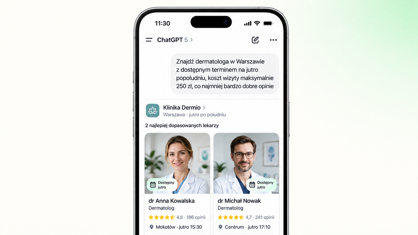 Wizualizacja wyszukiwania dermatologa w Warszawie przez ChatGPT — asystent pokazuje dwóch fikcyjnych lekarzy z dostępnymi terminami na następny dzień, ocenami, lokalizacją i ceną wizyty.