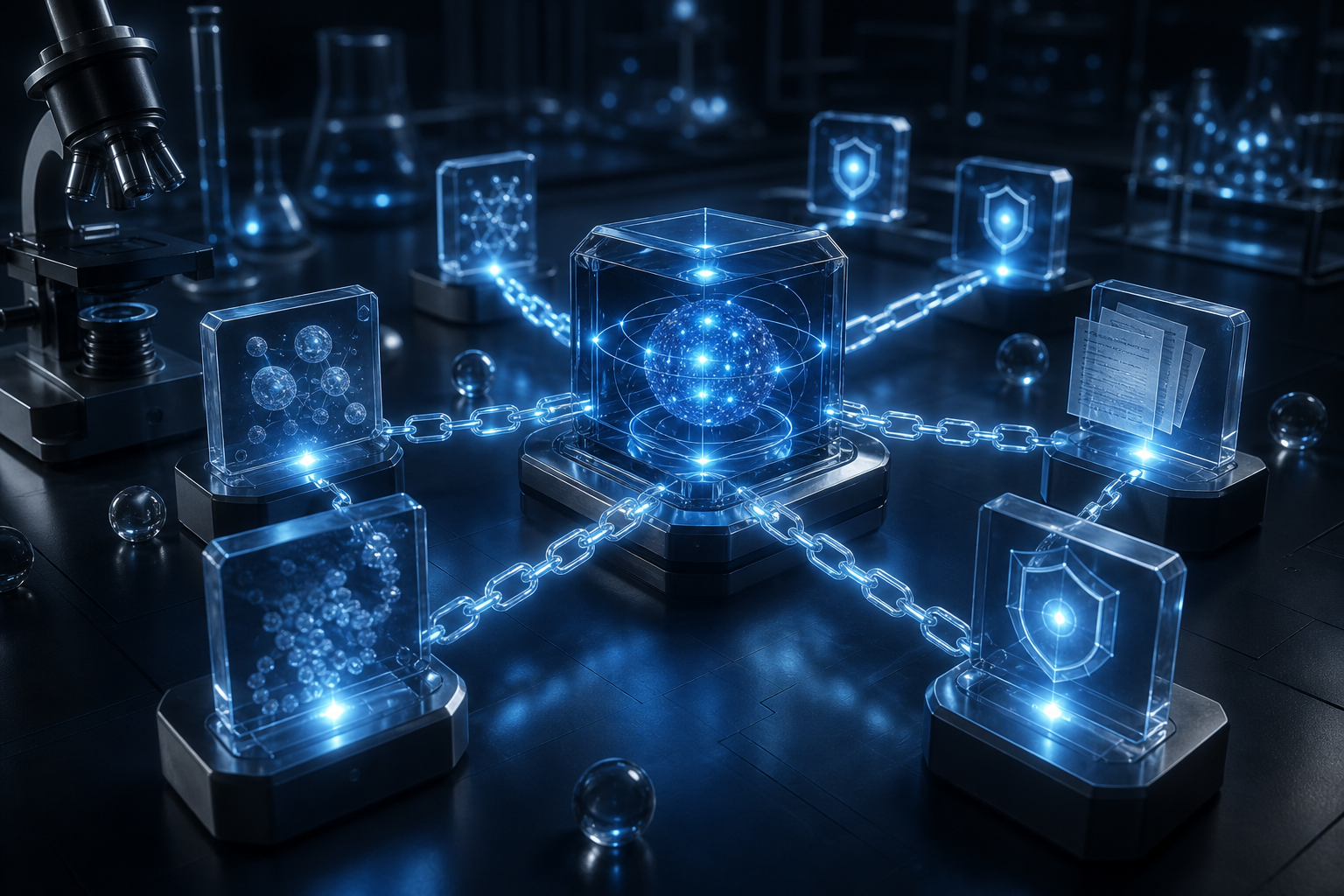 Blue cinematic AI evidence-chain system in a research lab, showing verified scientific data blocks linked to an AI core.