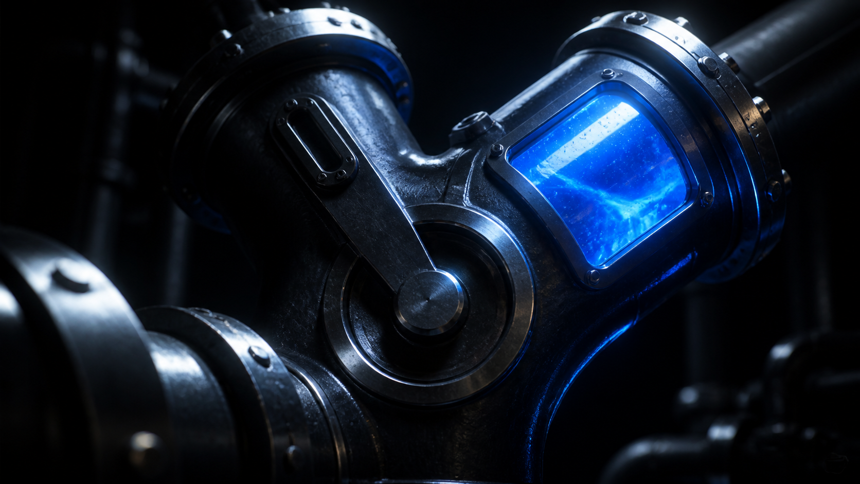 A large Y-shaped metal valve routes blue liquid through one of two industrial pipes.