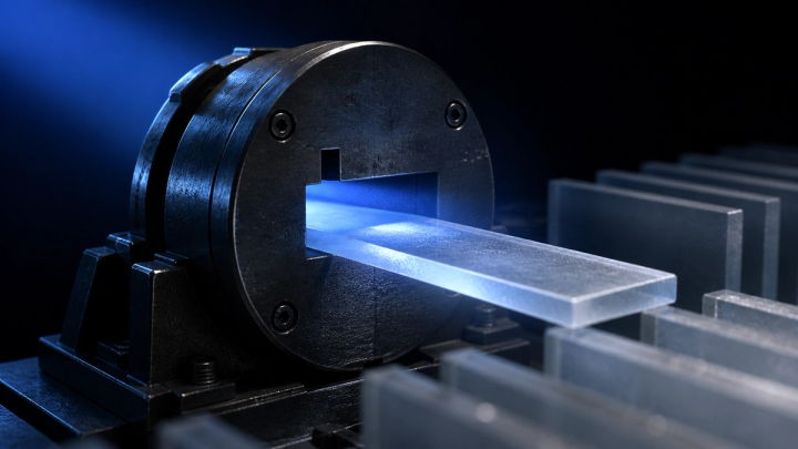 A metal gate lets one glass document slab pass through while similar slabs are stopped behind it.
