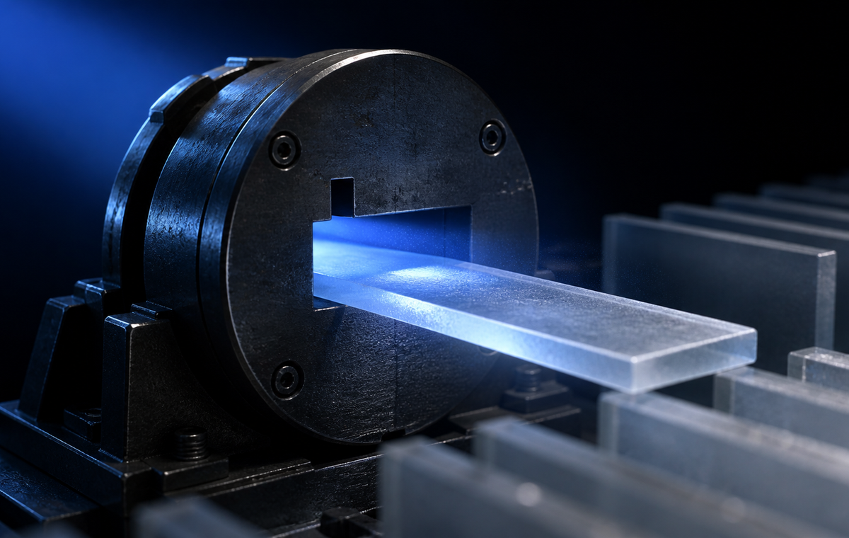 A metal gate lets one glass document slab pass through while similar slabs are stopped behind it.
