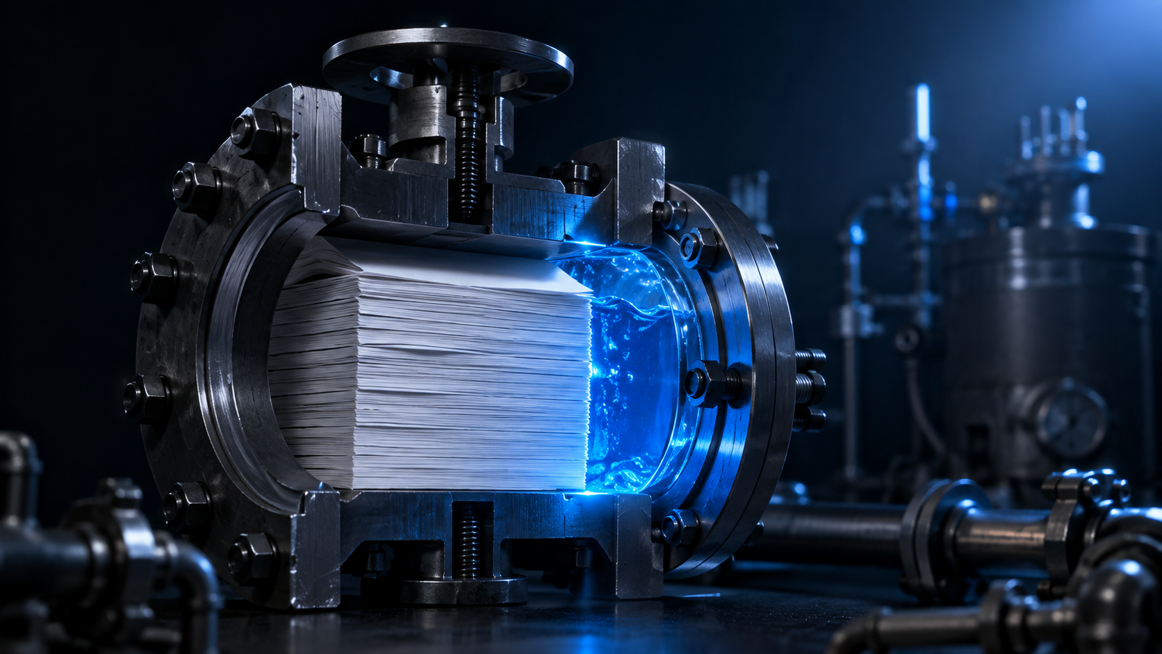 A metal valve test rig holds paper inside a glass chamber while blue liquid presses against the sealed joint.