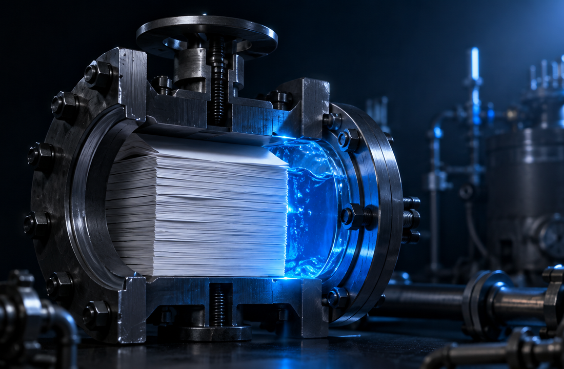 A metal valve test rig holds paper inside a glass chamber while blue liquid presses against the sealed joint.