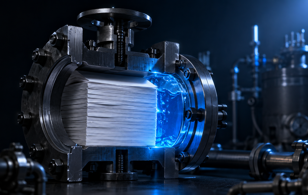 A metal valve test rig holds paper inside a glass chamber while blue liquid presses against the sealed joint.