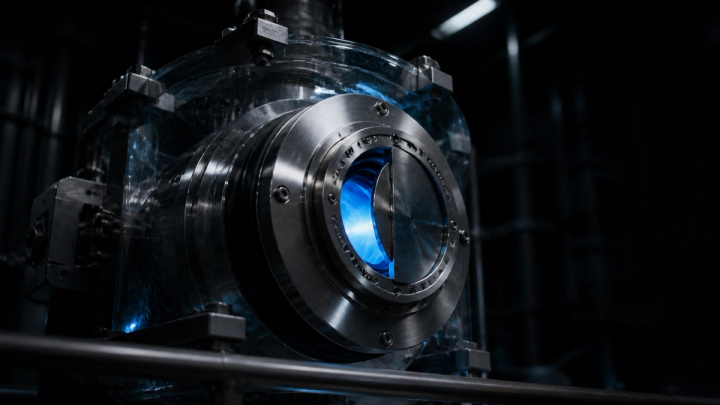 A large metal control valve sits inside a glass containment chamber with blue light shining through one opening.