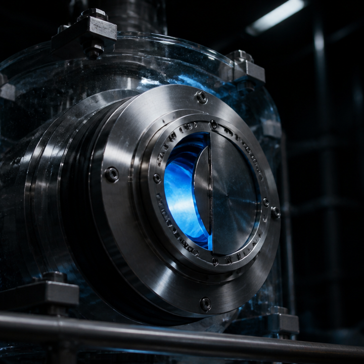 A large metal control valve sits inside a glass containment chamber with blue light shining through one opening.