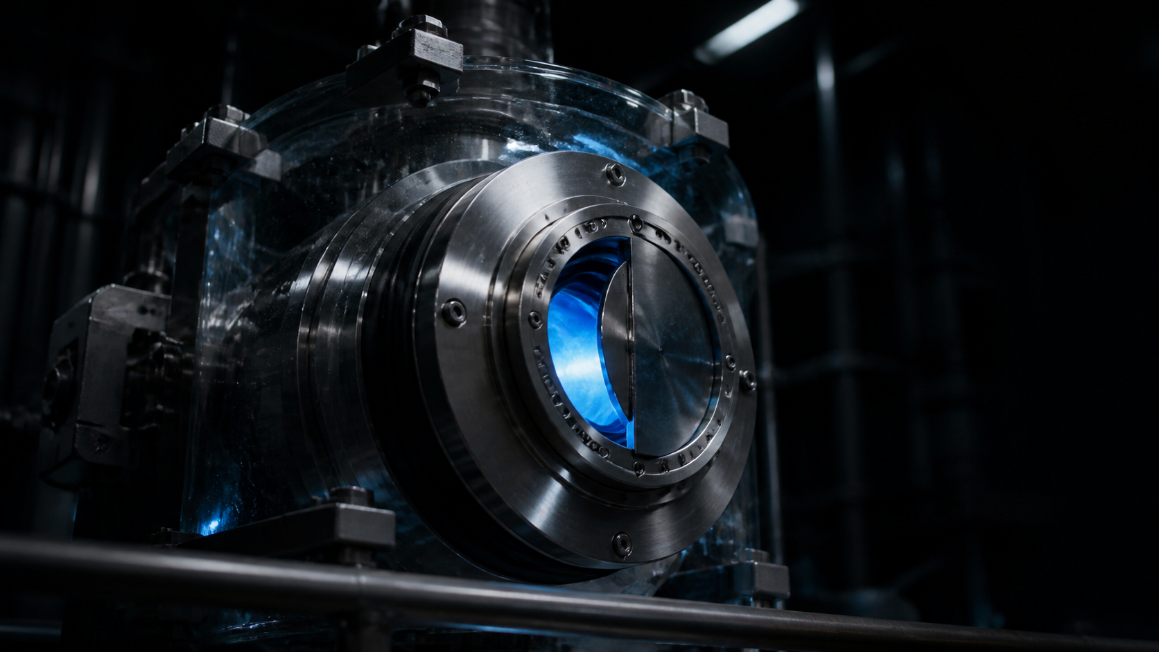 A large metal control valve sits inside a glass containment chamber with blue light shining through one opening.