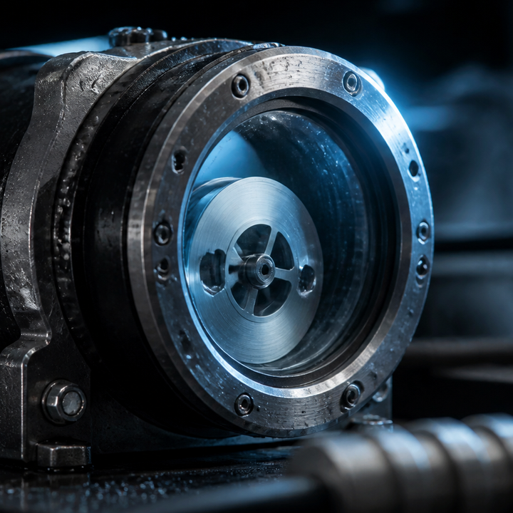 A rugged metal recorder module with a glass inspection window sits clamped in a dark industrial bay.