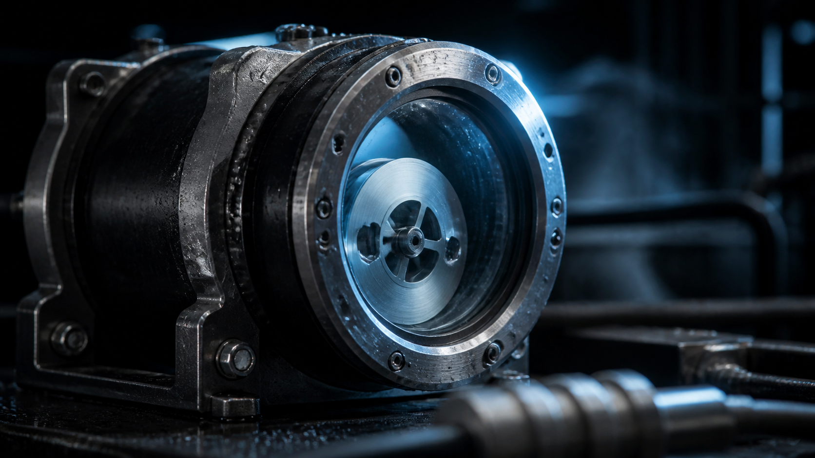 A rugged metal recorder module with a glass inspection window sits clamped in a dark industrial bay.
