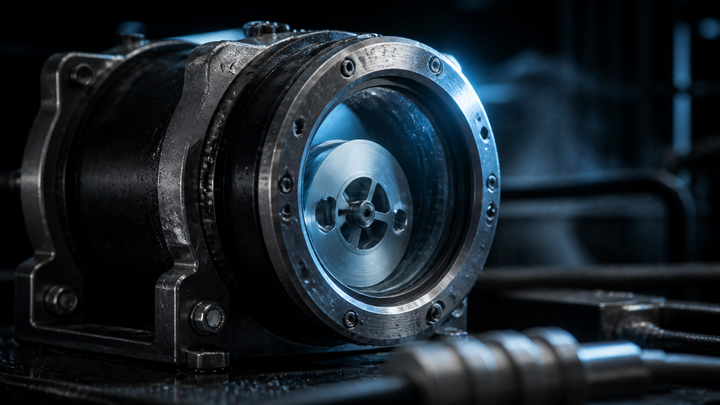 A rugged metal recorder module with a glass inspection window sits clamped in a dark industrial bay.