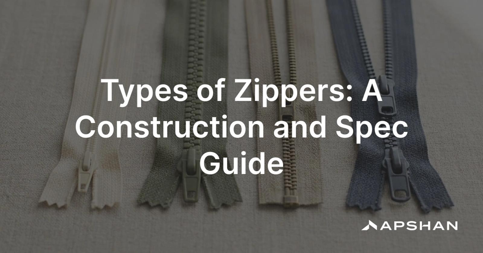 Zippers by type: nylon coil, molded plastic and metal, with separating, two-way and invisible styles on a neutral surface
