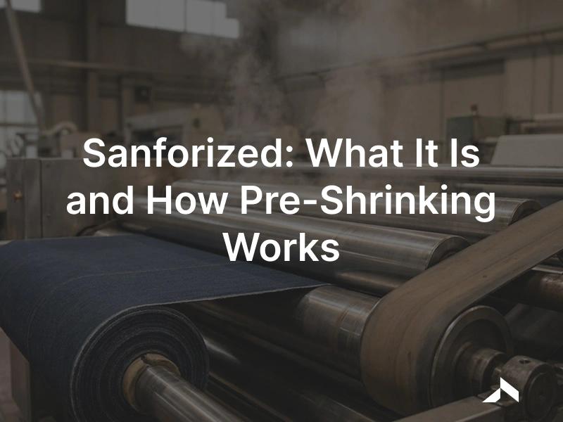 Sanforized fabric: woven cotton denim fed through a sanforizing machine's rubber belt and heated cylinder to pre-shrink it