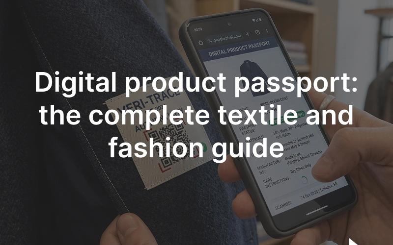 A woven garment label with a QR code being scanned by a phone, opening the garment's digital product passport.
