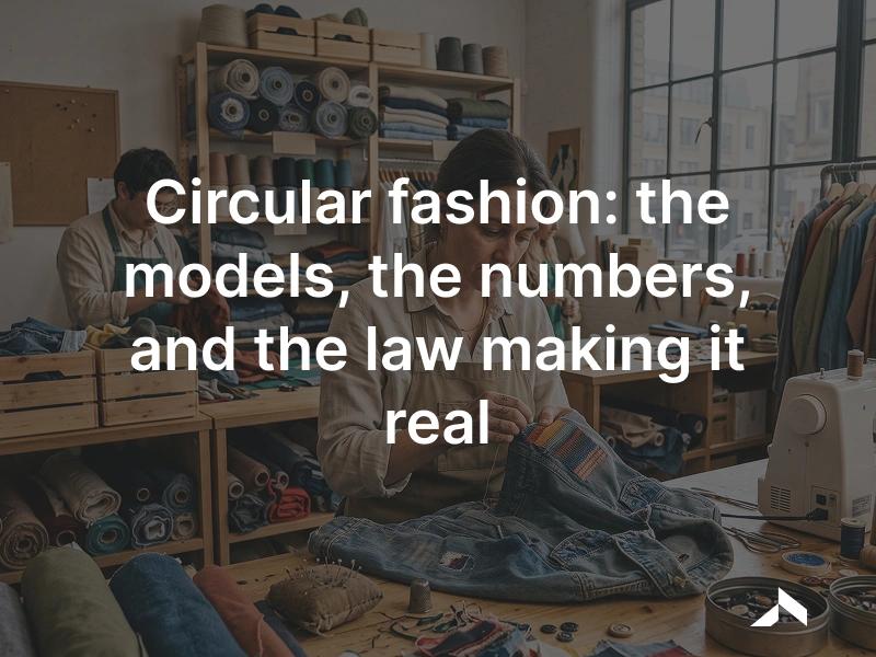 A woman hand-sewing patches onto a denim jacket in a busy upcycling workshop.