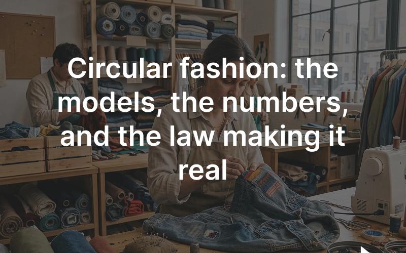 A woman hand-sewing patches onto a denim jacket in a busy upcycling workshop.