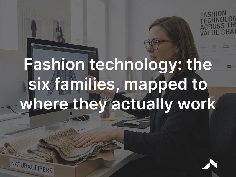 Designer working on a 3D garment simulation beside physical fabric swatches: fashion technology across the value chain.