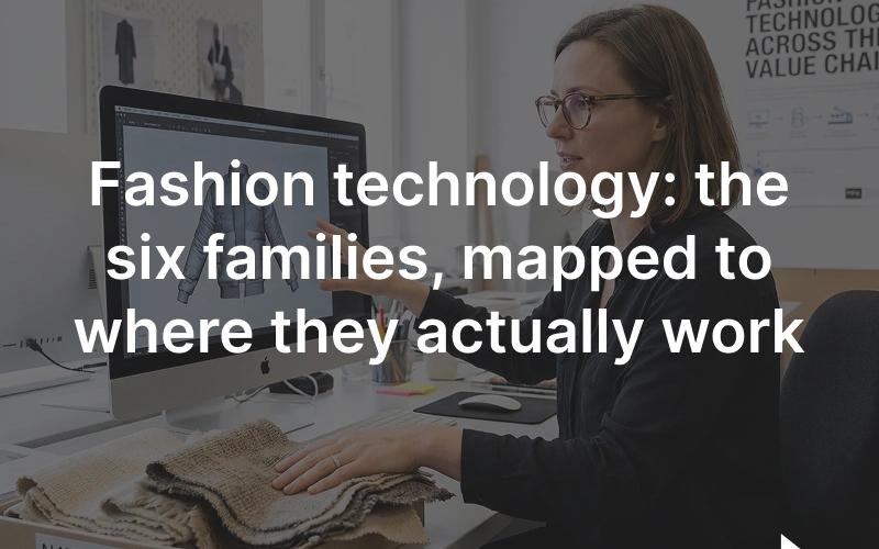 Designer working on a 3D garment simulation beside physical fabric swatches: fashion technology across the value chain.