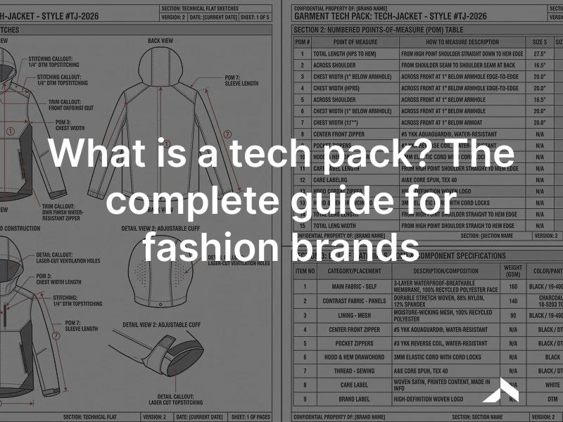 An open garment tech pack: flat sketches, a numbered points-of-measure table and a bill of materials.