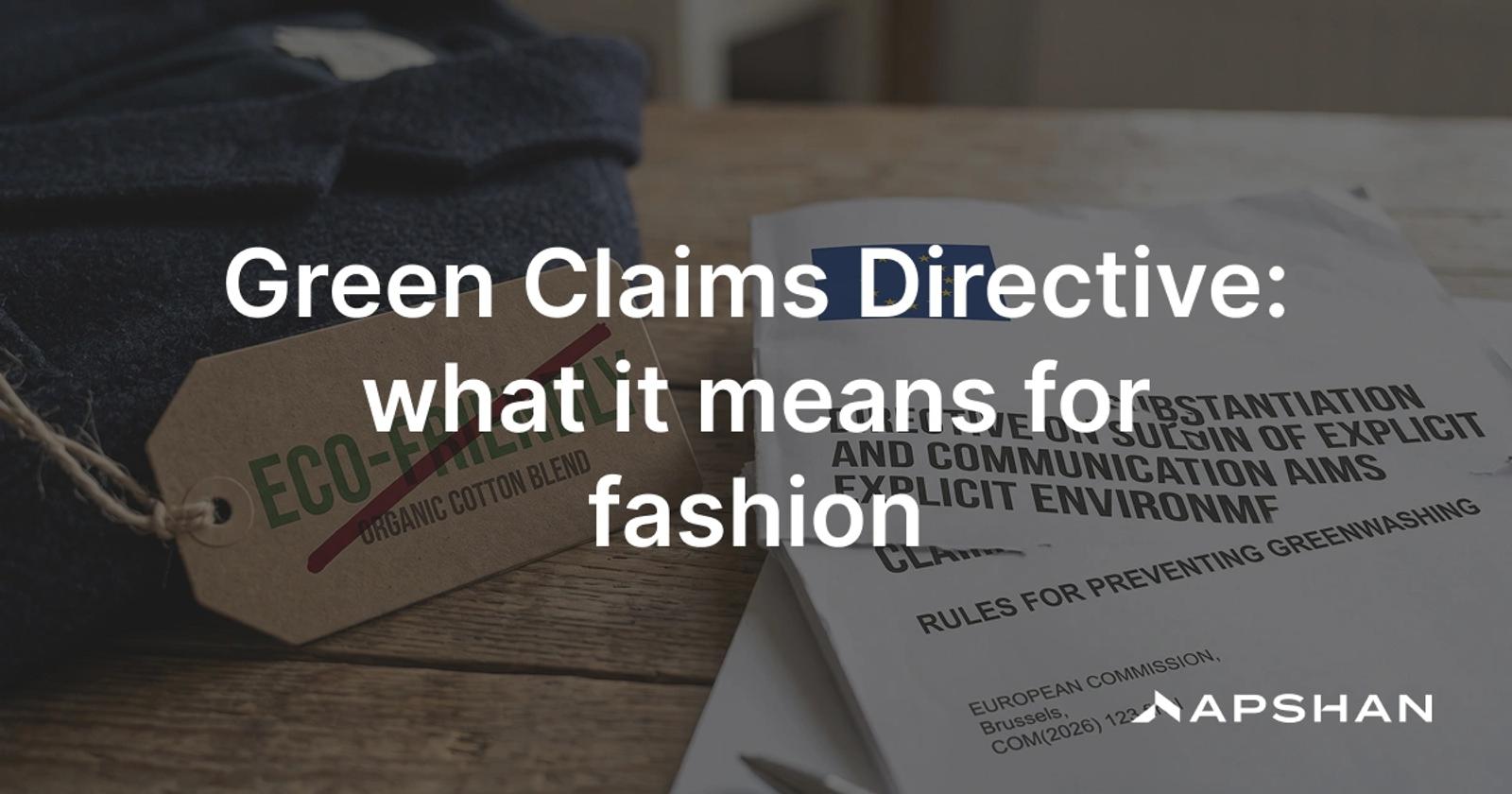 A clothing hang tag reading eco-friendly being struck through, next to an EU document on environmental claims rules.