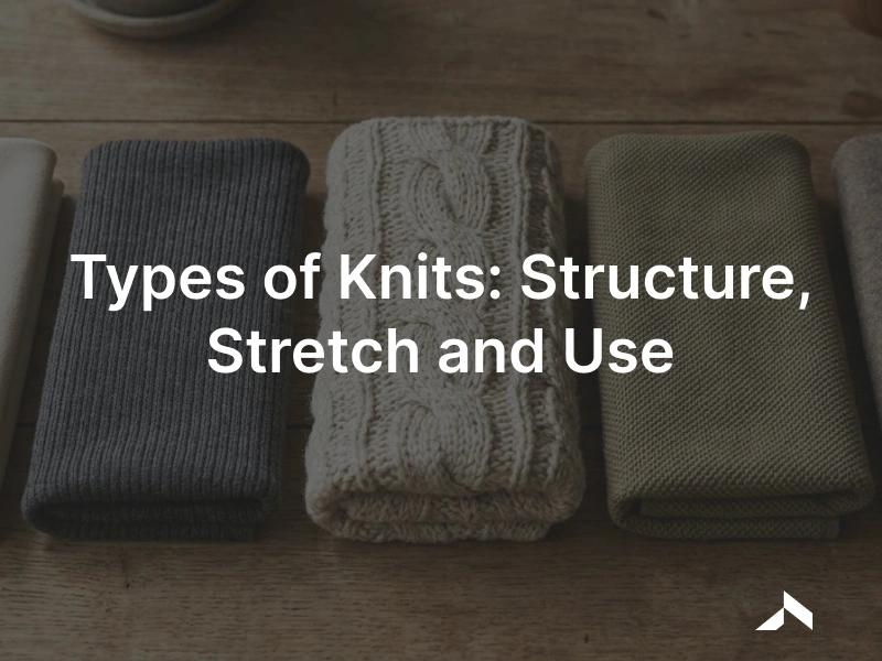 Swatches of knit fabrics: single jersey, rib, interlock, pique and fleece, showing loop structure and texture
