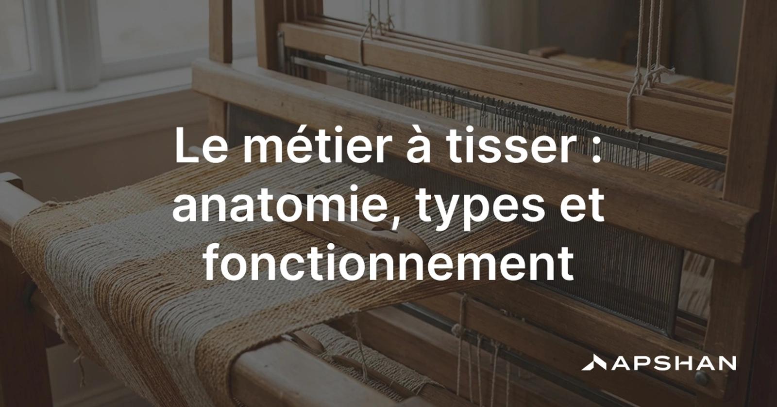 Métier à tisser : ensouple, lisses sur cadres, peigne et navette formant le tissu