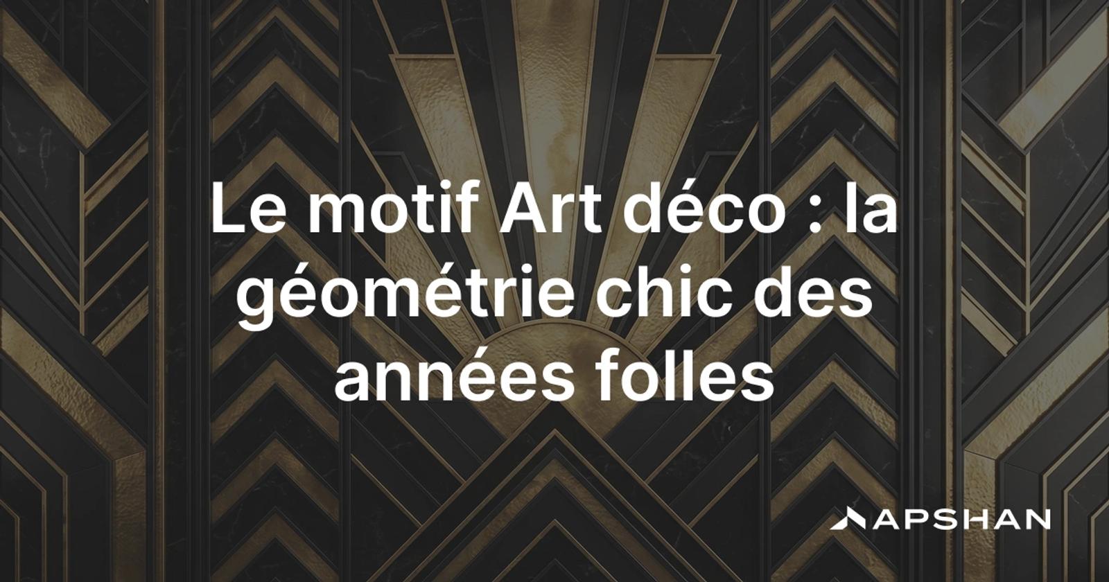 Motif Art déco géométrique en noir et or, avec un soleil levant stylisé et des chevrons symétriques.