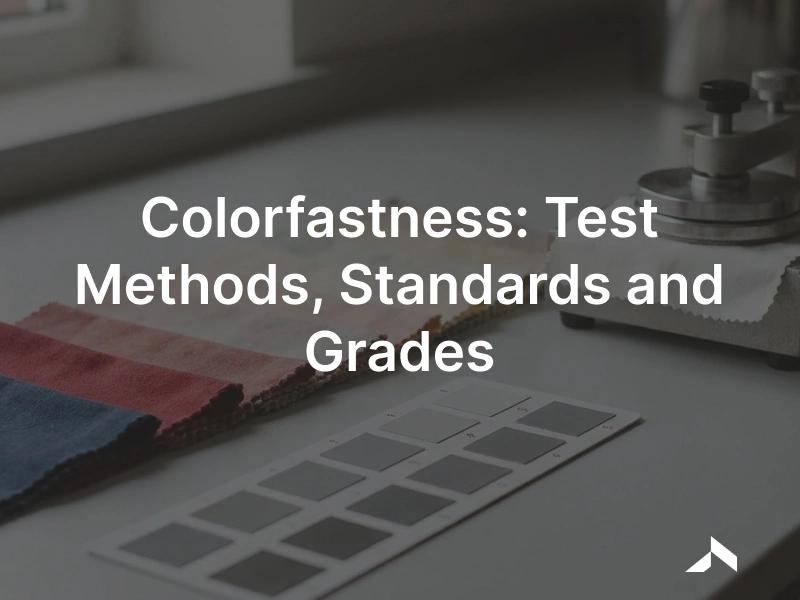 Colorfastness testing: a dyed fabric swatch beside a grey scale rating card and a crockmeter for testing color rubbing
