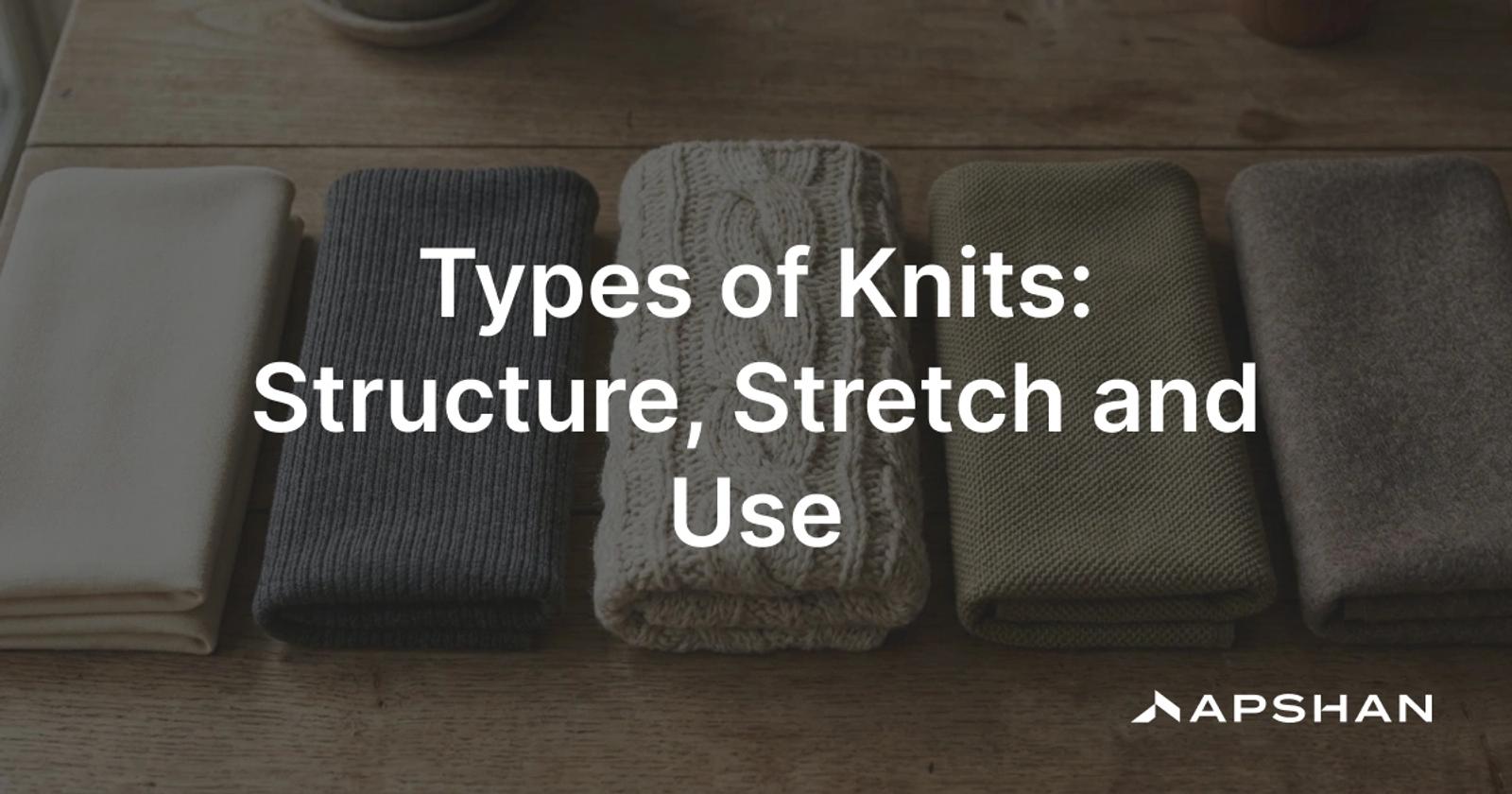 Swatches of knit fabrics: single jersey, rib, interlock, pique and fleece, showing loop structure and texture