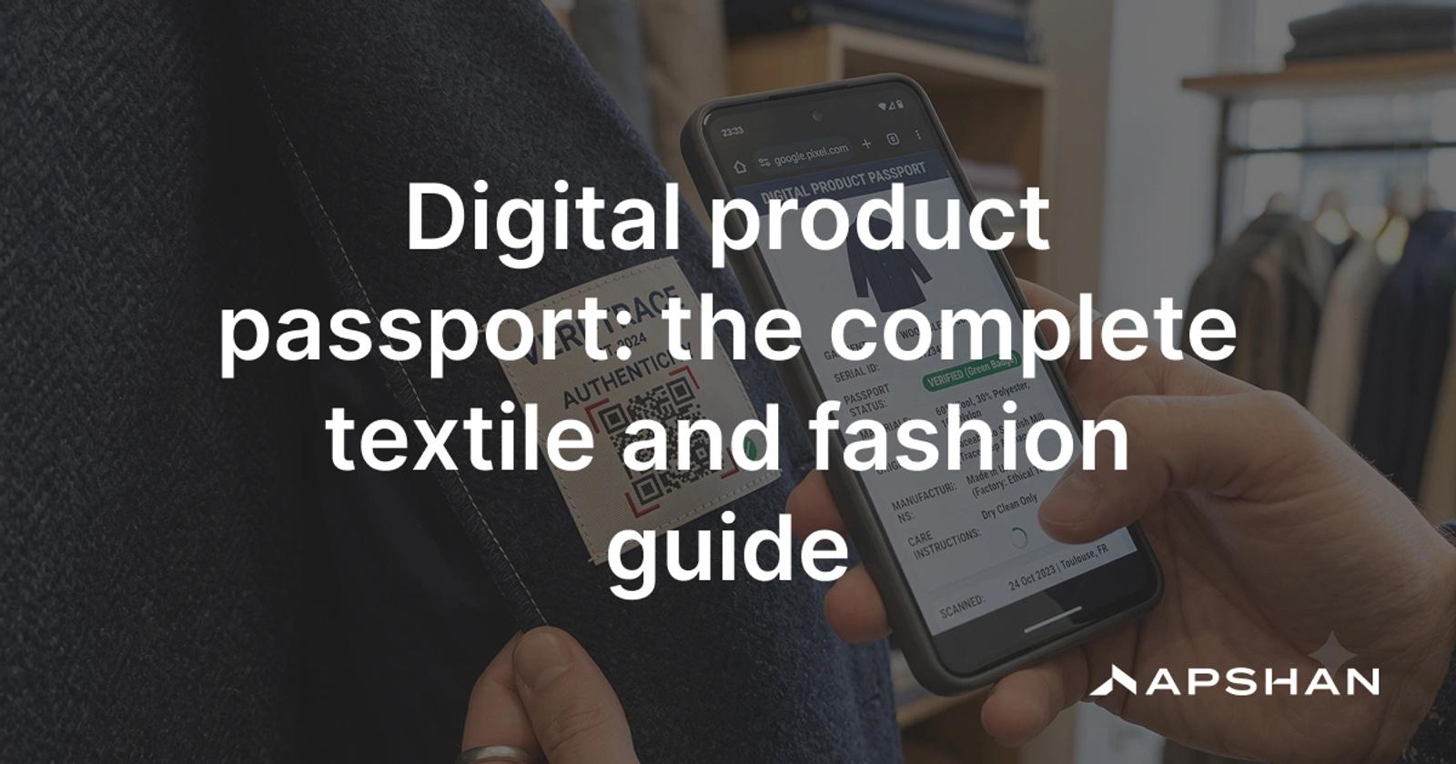 A woven garment label with a QR code being scanned by a phone, opening the garment's digital product passport.