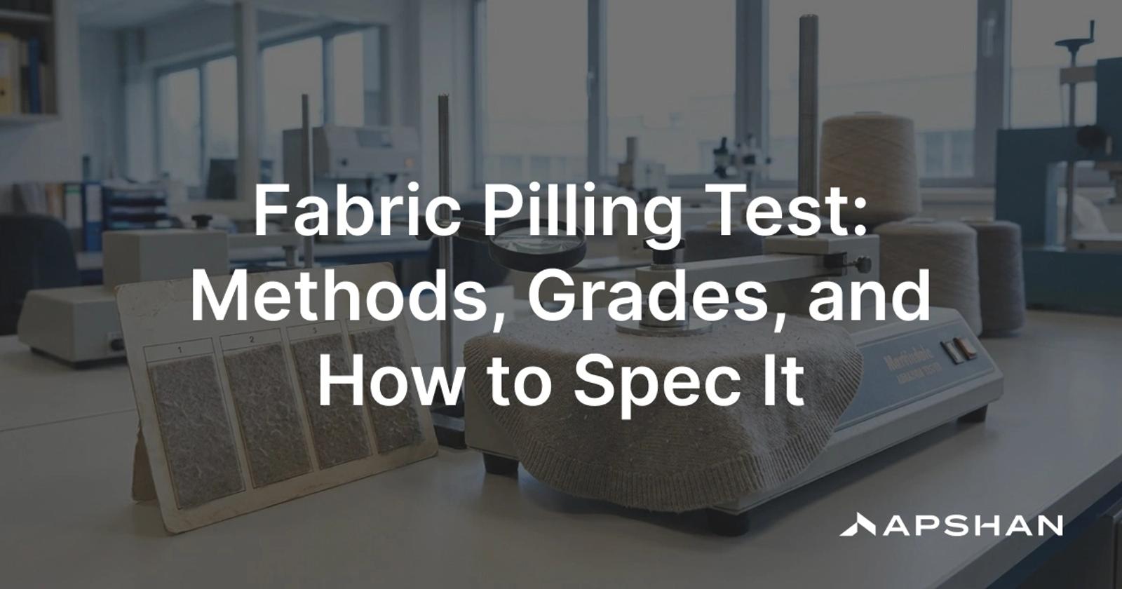 A fabric swatch on a Martindale tester next to a graded pilling assessment card running from grade 5 down to grade 1