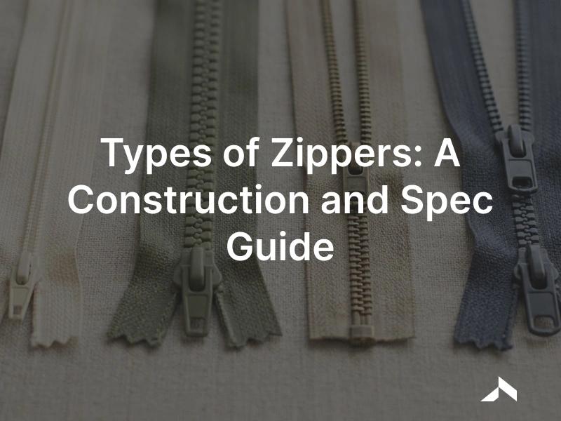 Zippers by type: nylon coil, molded plastic and metal, with separating, two-way and invisible styles on a neutral surface