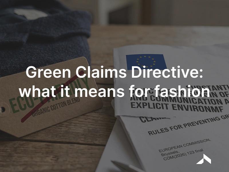 A clothing hang tag reading eco-friendly being struck through, next to an EU document on environmental claims rules.