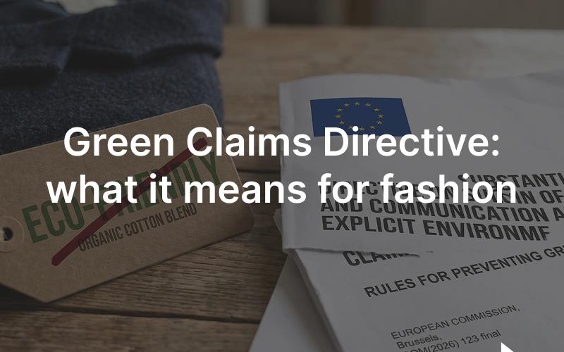 A clothing hang tag reading eco-friendly being struck through, next to an EU document on environmental claims rules.