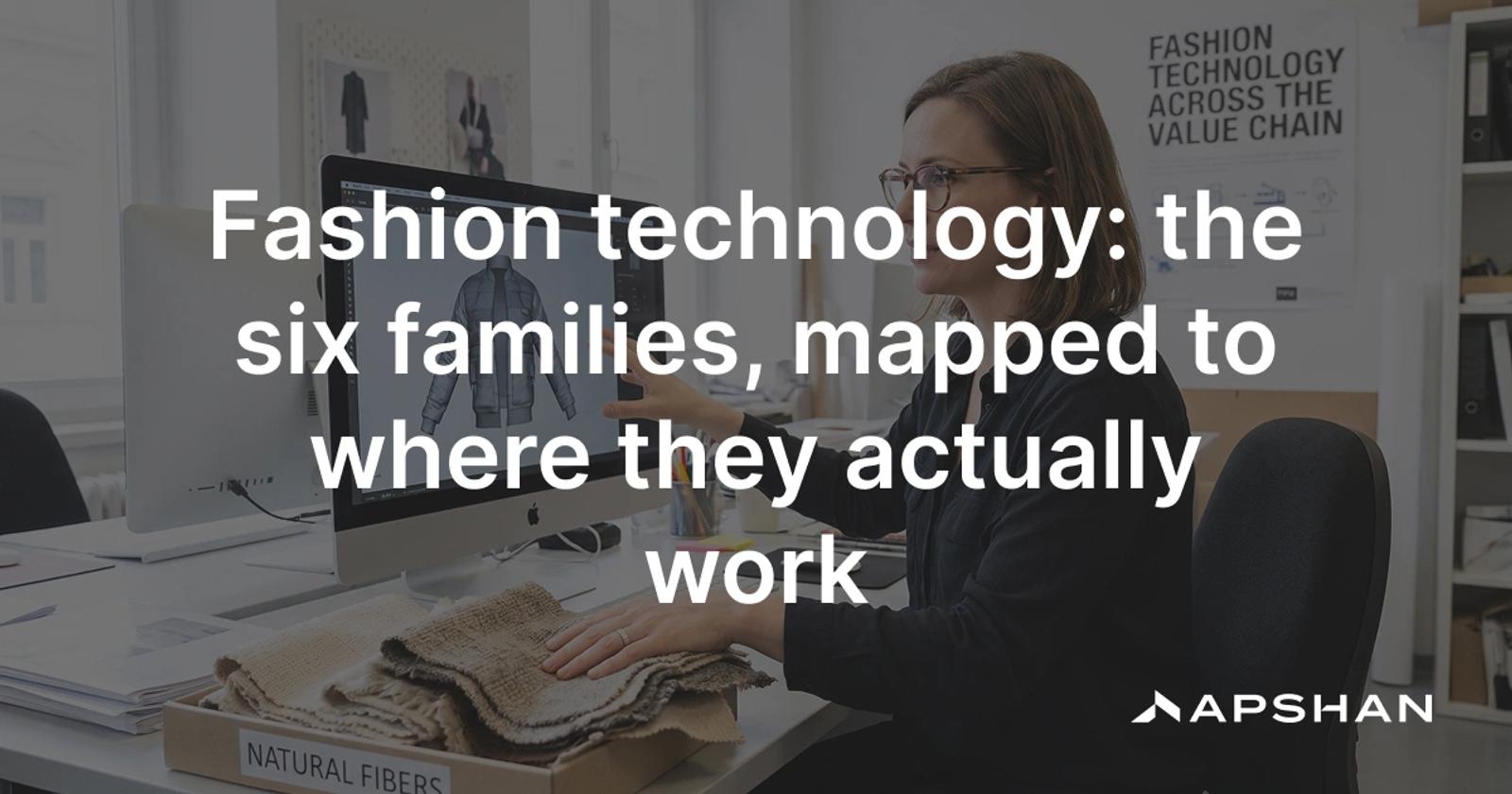 Designer working on a 3D garment simulation beside physical fabric swatches: fashion technology across the value chain.