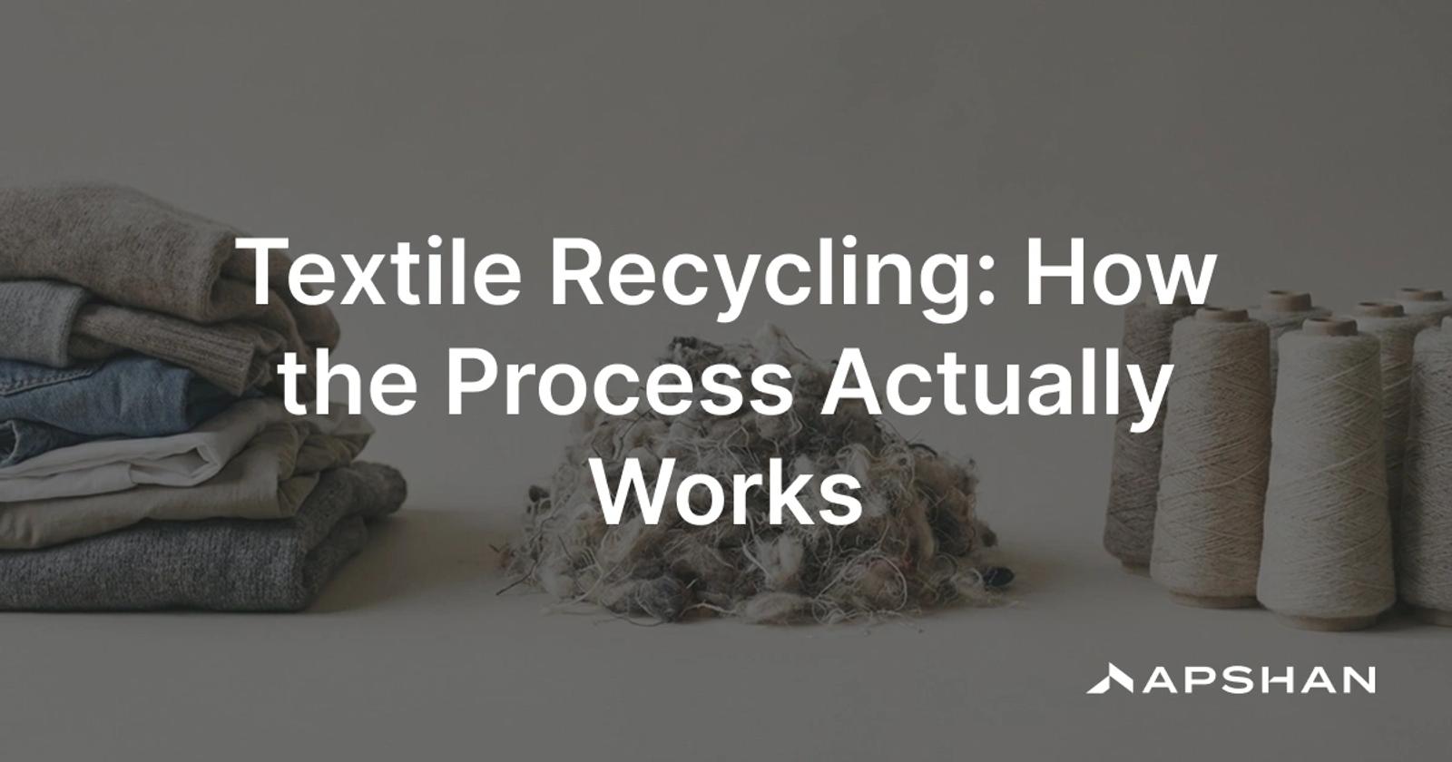 Textile recycling process: sorted used clothing shredded into recovered fibres beside spools of new yarn on a neutral surface
