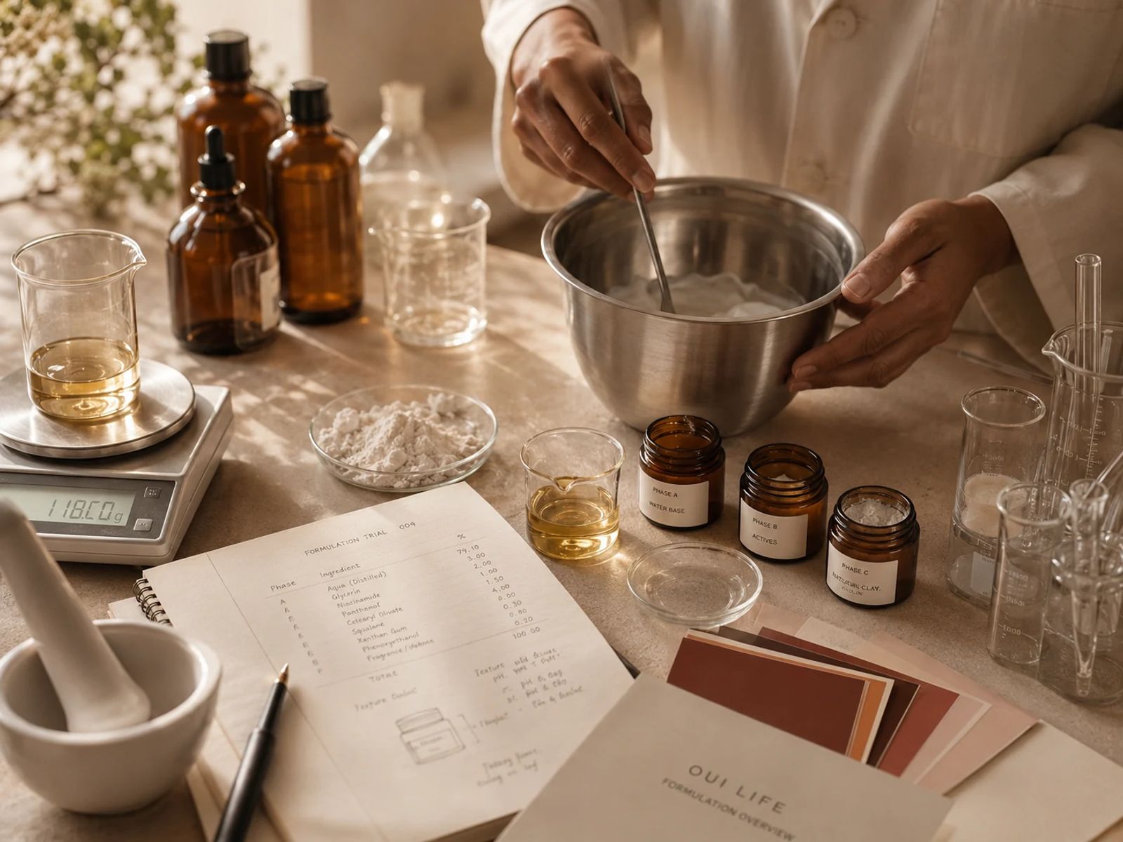 A formulation being mixed at a stainless bench (illustrative)