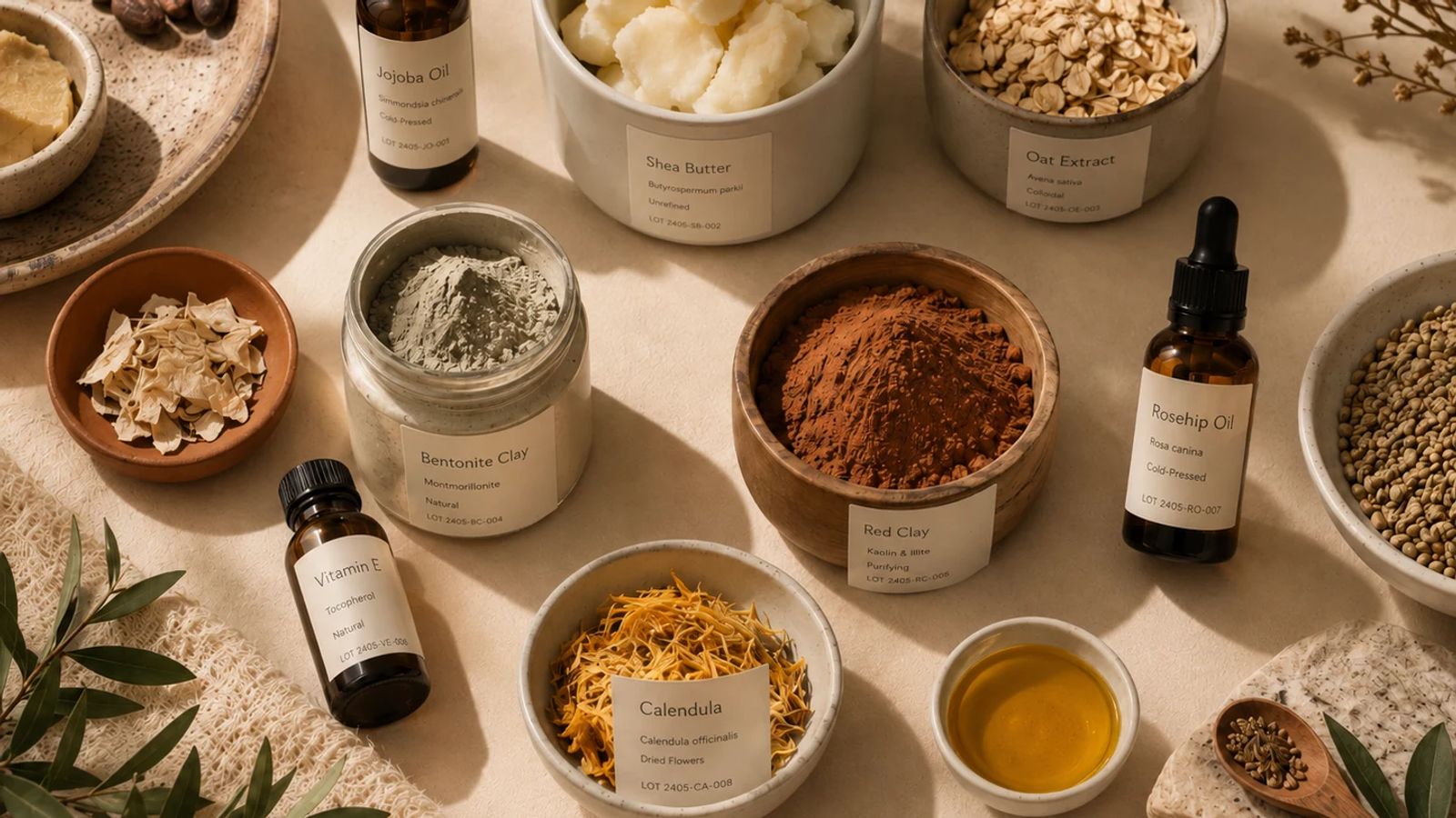 Raw botanical materials laid out on a work surface (illustrative)
