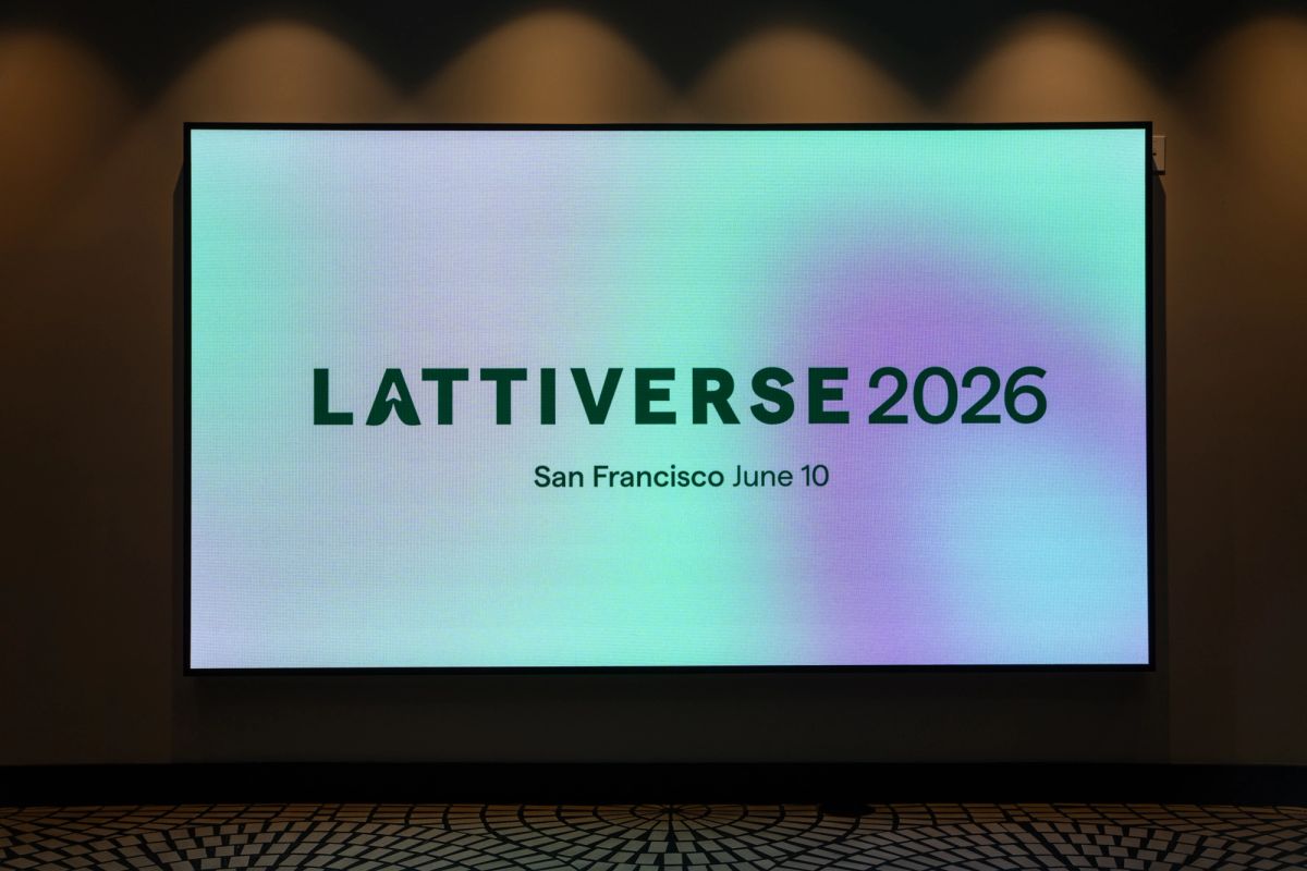 Screen displaying "Lattiverse 2026, San Francisco June 10" at Hyatt Regency conference room.