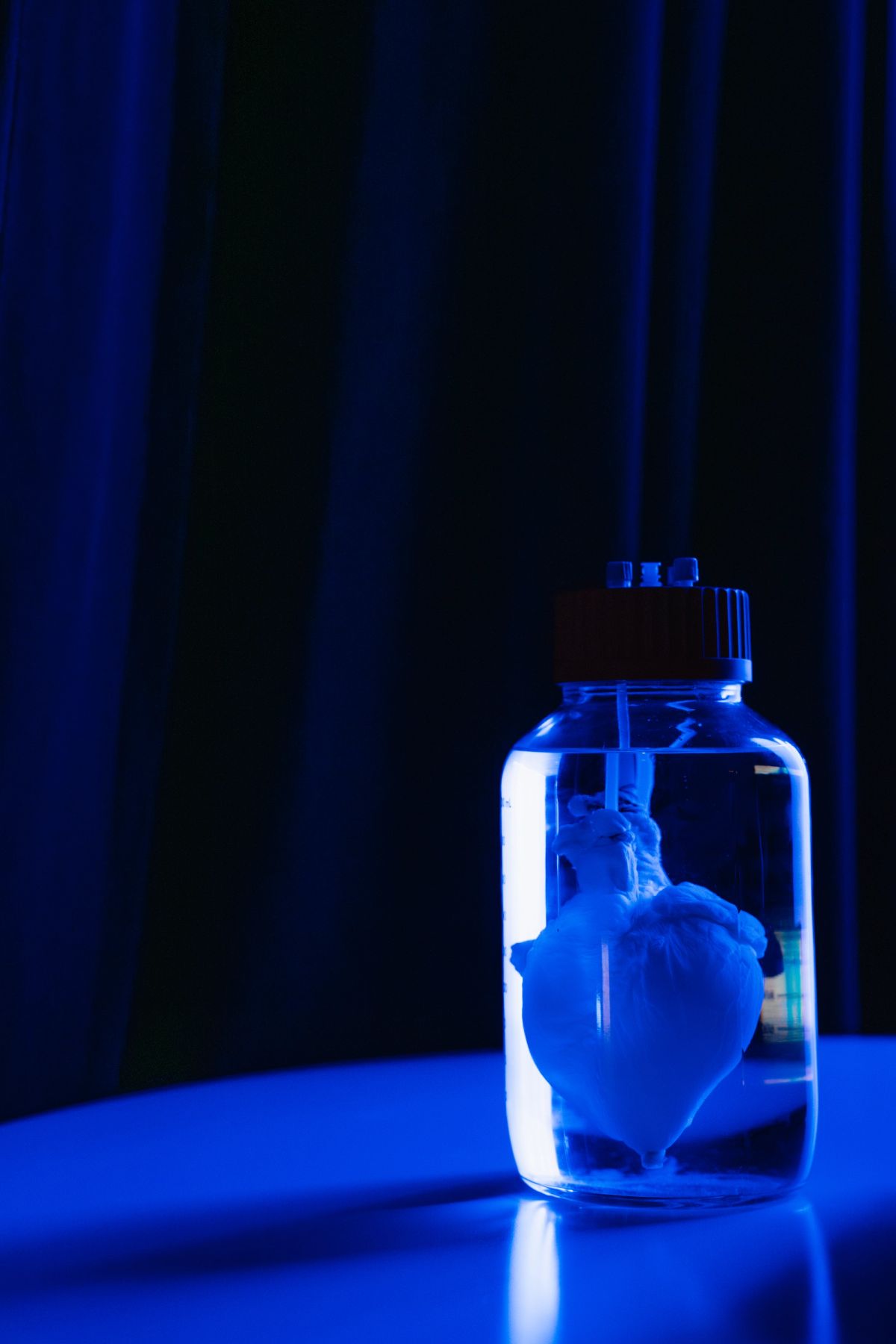 Glass jar with black lid containing blue liquid or smoke, illuminated by blue stage lighting