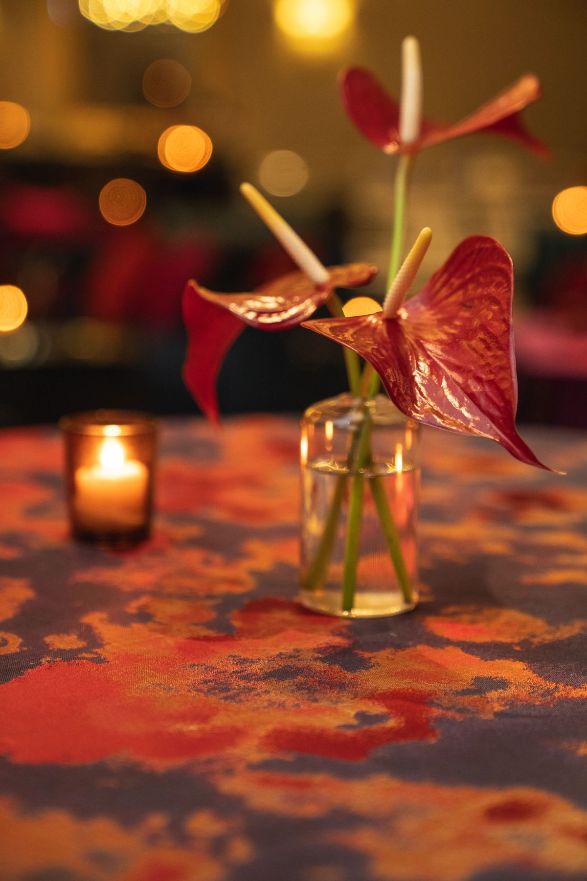 Red anthurium flowers in glass vase on patterned tablecloth with candlelight and warm bokeh lights in.